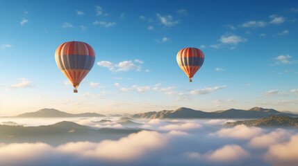 Peaceful scene of hot air balloons soaring over a breathtaking landscape of cloud-covered mountains during sunrise.