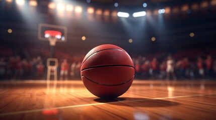 Basketball on polished wood court, dramatically lit by an overhead spotlight, audience in soft focus. - obrazy, fototapety, plakaty