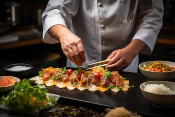 Obraz na płótnie Canvas Closeup of chef hands preparing japanese food, ai generated