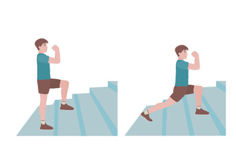 Stair workout: Exercises you can do at every staircase you find.
With Stair Lunge posture. what to do Climb up a flight of steps, taking two steps with each lunge. vector illustration in cartoon style