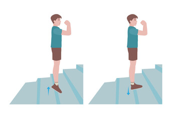 Stair workout: Exercises you can do at every staircase you find.
Stand on a step so your heel can drop lower than the rest of your foot at the bottom of the movement. with Calf raises posture. vector 