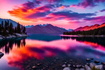 A tranquil sunset over a pristine mountain lake, reflecting vibrant hues of pink, orange, and purple in the calm waters