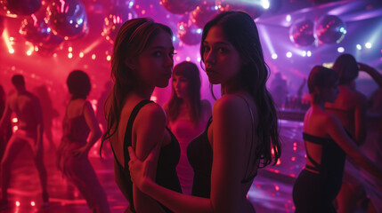 Fototapeta na wymiar Two young women standing side by side on the dance floor inside a nightclub, illuminated by red and purple neon lights