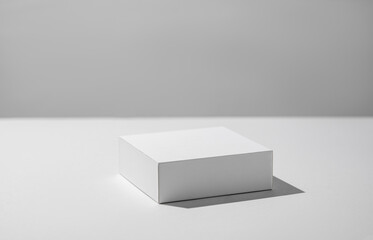 Empty podium for product. Minimal white box on a light background with hard shadow.