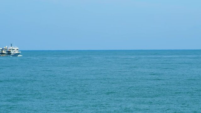 Fishing Boat, Trawler Go Working. Fishing Boat In The Open Sea On A Beautiful Day. Real time.