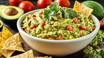 A bowl of guacamole sits on a table surrounded by tortilla chips. The guacamole is topped with tomatoes and cilantro. There are also whole tomatoes, half an avocado.