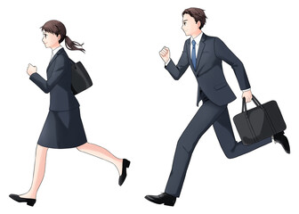 走るスーツ姿の若い男女　横向き