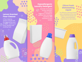 Laundry detergent hypoallergenic floor cleaner dishwashing flyer mockup design template set vector