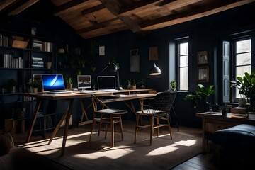 Fototapeta na wymiar home office in the attic with black walls