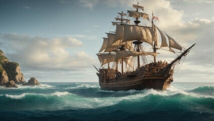 "Pirate Ship Sailing the Fantasy Seas: Award-Winning Digital Matte Painting