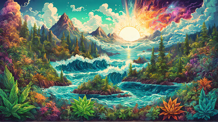 Fototapeta na wymiar enchanted mountain landscape bathed in the warm glow of a sunset. Mountains with lush greenery, a serene river flowing through the valleys