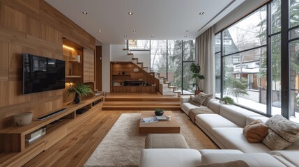 Salon moderne avec vue sur la nature, intégrant harmonieusement l'intérieur et l'extérieur