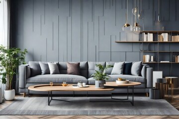 modern interior grey background sofa pillows and coffee table with stairs