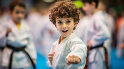 A young child with a yellow belt confidently performs a karate pose in a martial arts class setting.