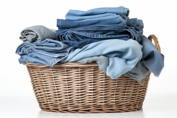 A collection of various shades of blue denim jeans stacked in a wicker basket on a white background.