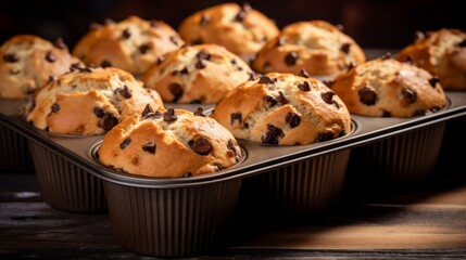 Golden-brown chocolate chip muffins cooling in a dark muffin tin.