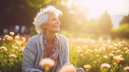 Joyful elderly lady basking in the golden hour sunlight amidst a field of wildflowers, radiating happiness and peace. - obrazy, fototapety, plakaty