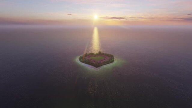 Flight at dawn over a paradise island in the shape of a heart in the middle of the ocean, 3D Render