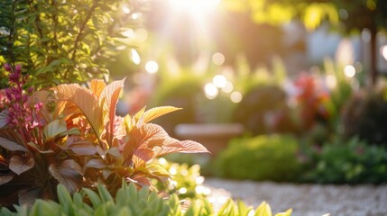 Warm sunlight bathes colorful garden plants in a tranquil outdoor setting as the day ends.