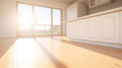 Obraz premium Morning sunlight casts a warm glow on a clean and modern kitchen interior with a wooden floor.