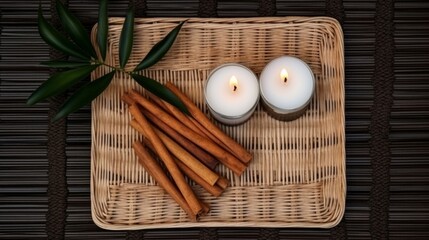 Fototapeta na wymiar Spa relaxation scene with lit candles and cinnamon sticks on a woven mat, evoking a calm and aromatic ambiance.