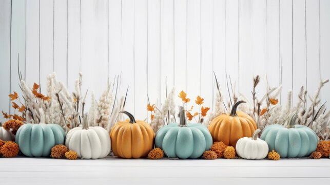 Decorative pumpkins and dry plants against a white wooden background, symbolizing festive fall decor.