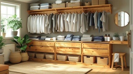 Armoire en bois rustique : Organisation impeccable, linge plié, étagères soignées, et ambiance chaleureuse