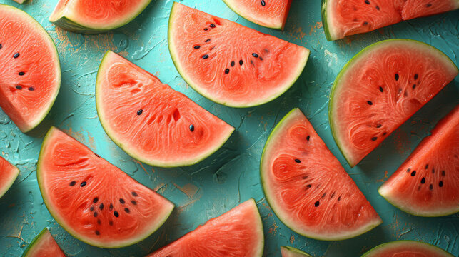 Vibrant Watermelon Slices with Seeds, Scattered on Cool Blue Backdrop