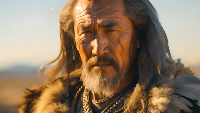 An old Mongol warrior in the Mongolian steppe