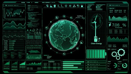 Global Clean Energy Interface, Digital interface showcasing data analytics and a wind turbine, symbolizing modern clean energy solutions, Sustainable technology on green background - Powered by Adobe