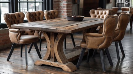 Fototapeta na wymiar Salle à manger spacieuse : Table en bois, chaises modernes, pots de terre cuite pour une ambiance chaleureuse et végétale
