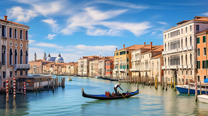 Scenic Beauty of Venice: A Glimpse into the City's Historic Canals and Colorful Architecture - obrazy, fototapety, plakaty