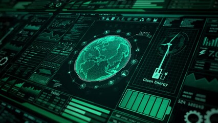 Digital interface showcasing data analytics and a wind turbine, Global Clean Energy Interface, symbolizing modern clean energy solutions, Sustainable technology on green background - Powered by Adobe