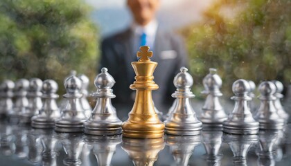 Strategic Leadership: Golden Chess Pawn Rising Above the Silver Men