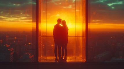 Fototapeta na wymiar Romance urbaine : Silhouette de deux personnes dans une boîte en verre suspendue, vue imprenable sur la ville au coucher du soleil