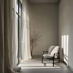 one beige chair in the interior of an empty white room with a window, minimalistic interior