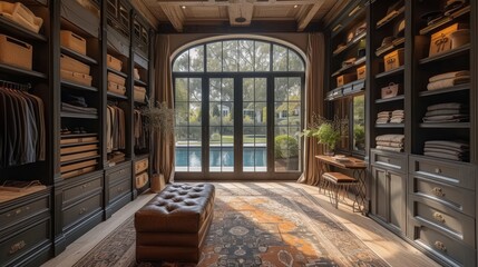 dressing intérieur élégant avec bibliothèque, canapé orange et piscine extérieur, atmosphère luxueuse et chaleureuse