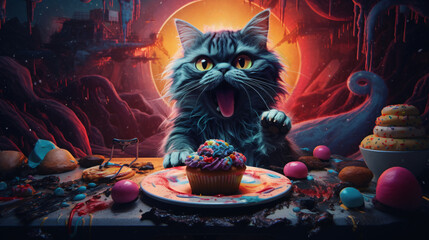 Funny cat with cupcakes on the table. Halloween concept.