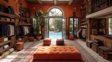 dressing intérieur élégant avec bibliothèque, canapé orange et piscine extérieur, atmosphère luxueuse et chaleureuse - obrazy, fototapety, plakaty