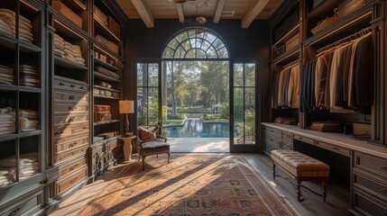 Fototapeta na wymiar dressing intérieur élégant avec bibliothèque, canapé orange et piscine extérieur, atmosphère luxueuse et chaleureuse
