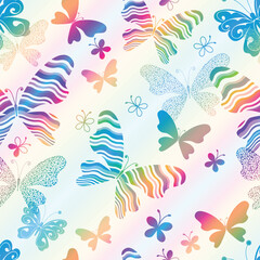 Vector vintage rainbow striped seamless pattern with butterflies on a white background