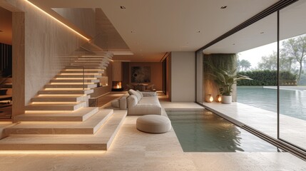 Salon contemporain chaleureux : Canap&eacute; L moderne, &oelig;uvre d'art audacieuse, lumi&egrave;re naturelle et vue ext&eacute;rieure