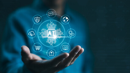 Businessman holding chip CPU working of AI and artificial intelligence automation. Computer connection with information intelligent technology. AI prompt generate, AI for business, AI tech concept.