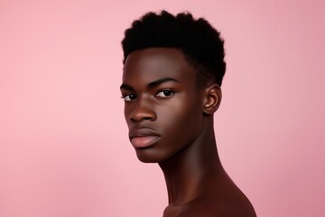 Portrait of a handsome young man with a trendy hairstyle   on a soft pink background, exuding confidence.