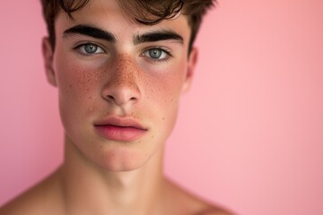 Portrait of a handsome young man with a trendy hairstyle   on a soft pink background, exuding confidence.