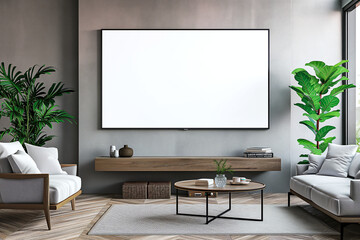 Mockup of a television in a large living room with industrial style. architecture and design concept.