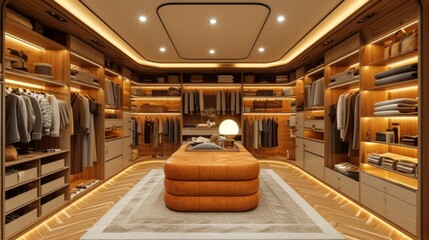 Dressing homme luxueux en bois avec éclairage chaleureux et organisation sophistiquée