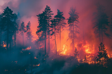 A dense forest fire with billowing smoke and bright red flames engulfing forested areas. Climate change and the threat to forest ecosystems.