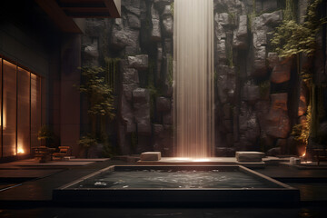 spa room with a wall mounted waterfall 