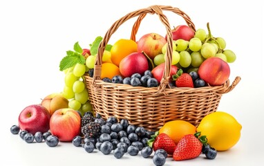 Naklejka na ściany i meble basket with fruits, fresh fruit on white blackground